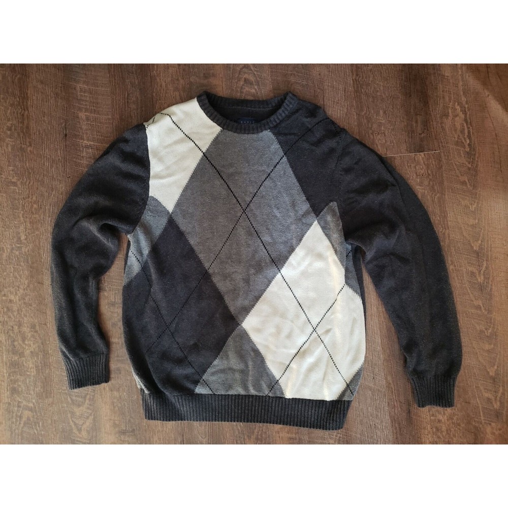 Mens Basic Editions Gray Argyle Sweater, L